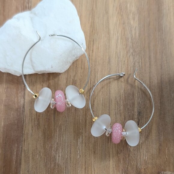 Pink Shimmer Glass Beaded Steel Hoop Earrings - Picture 5 of 7